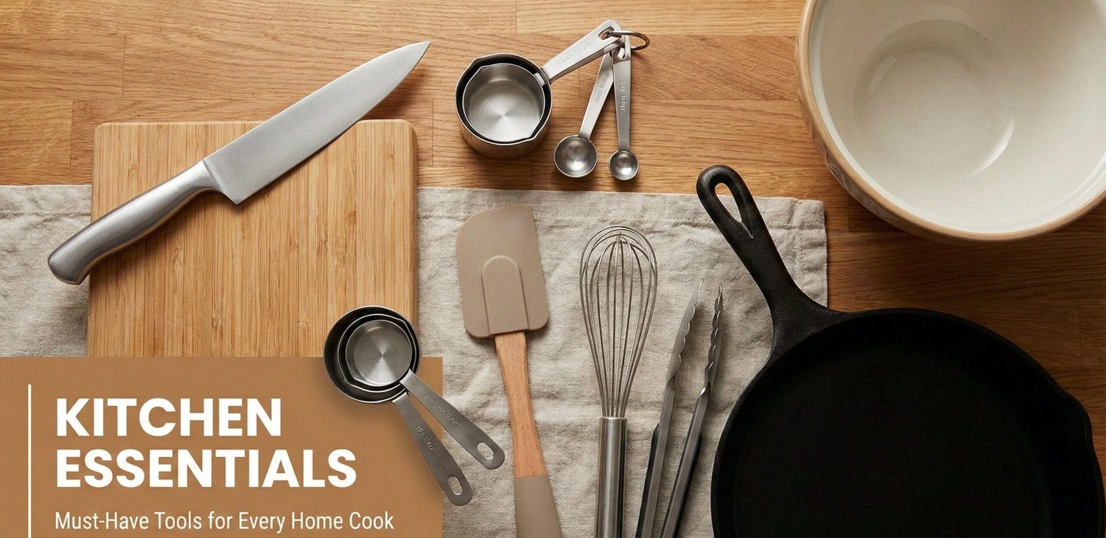 Modern kitchen counter filled with stainless steel appliances and tools