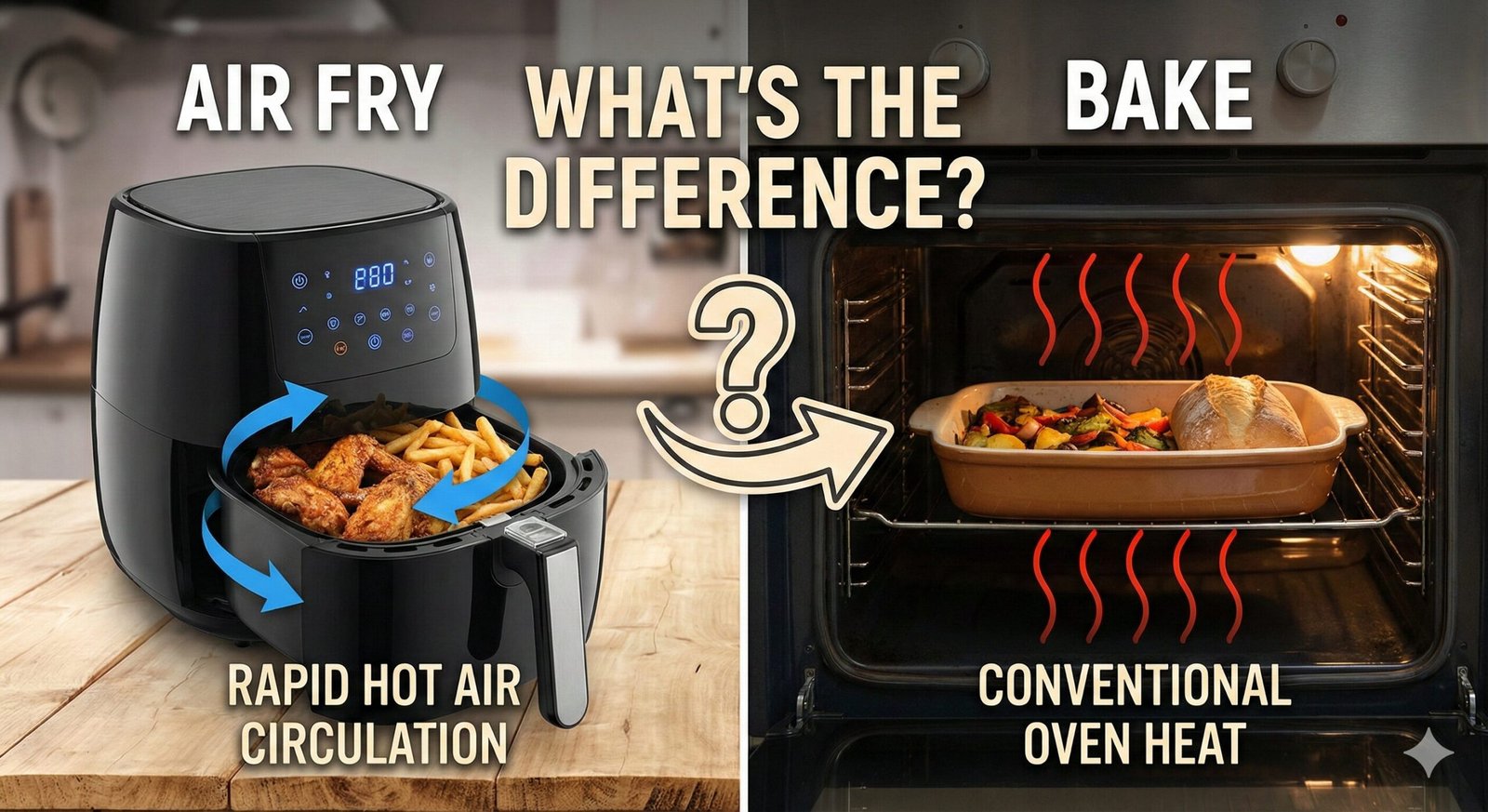 Side by side comparison of a convection air fryer basket and a traditional oven baking sheet
