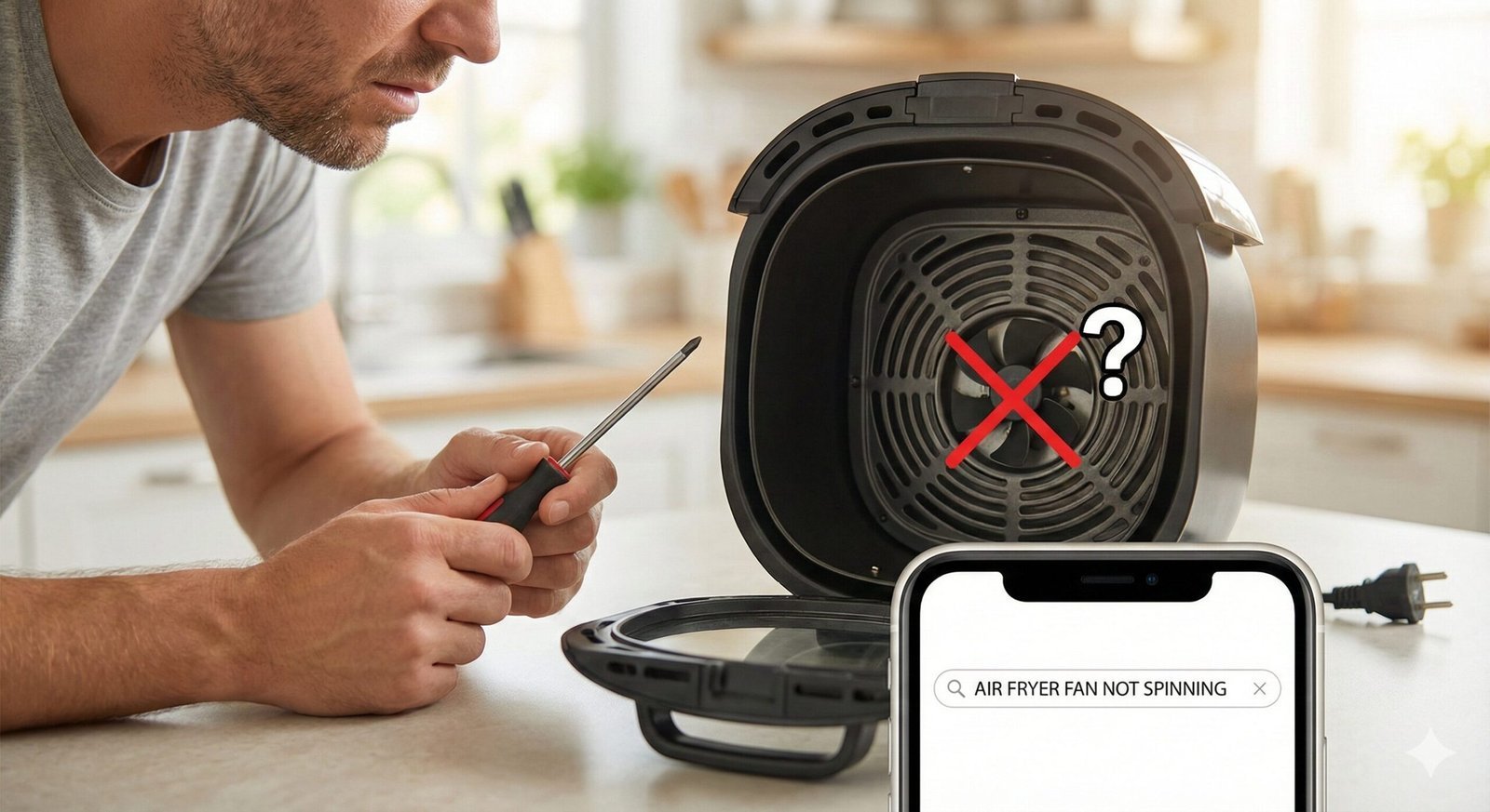 Broken air fryer on a kitchen counter