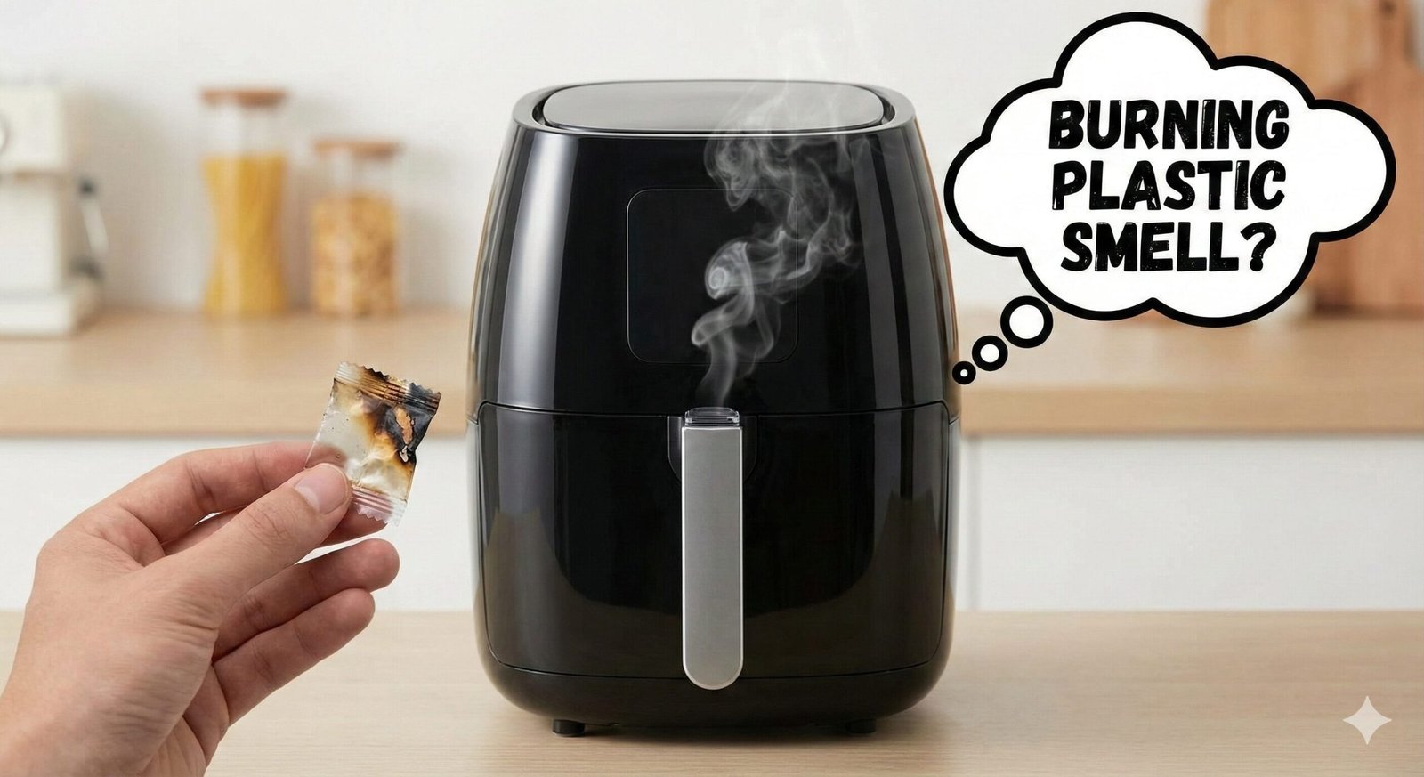 Person inspecting an air fryer basket in a kitchen