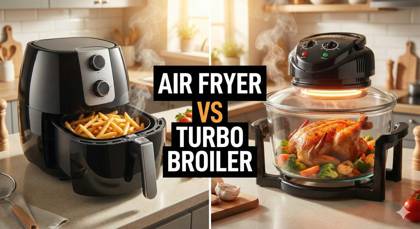 Turbo Broiler glass oven next to a modern digital Air Fryer