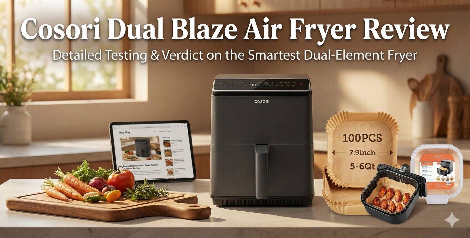 Cosori Dual Blaze Air Fryer on a modern kitchen counter