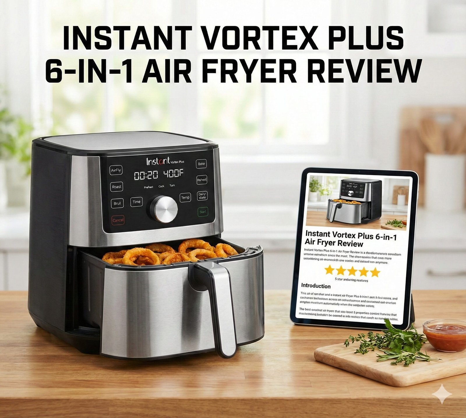 Instant Vortex Plus 6-in-1 Air Fryer with ClearCook window glowing on a kitchen counter