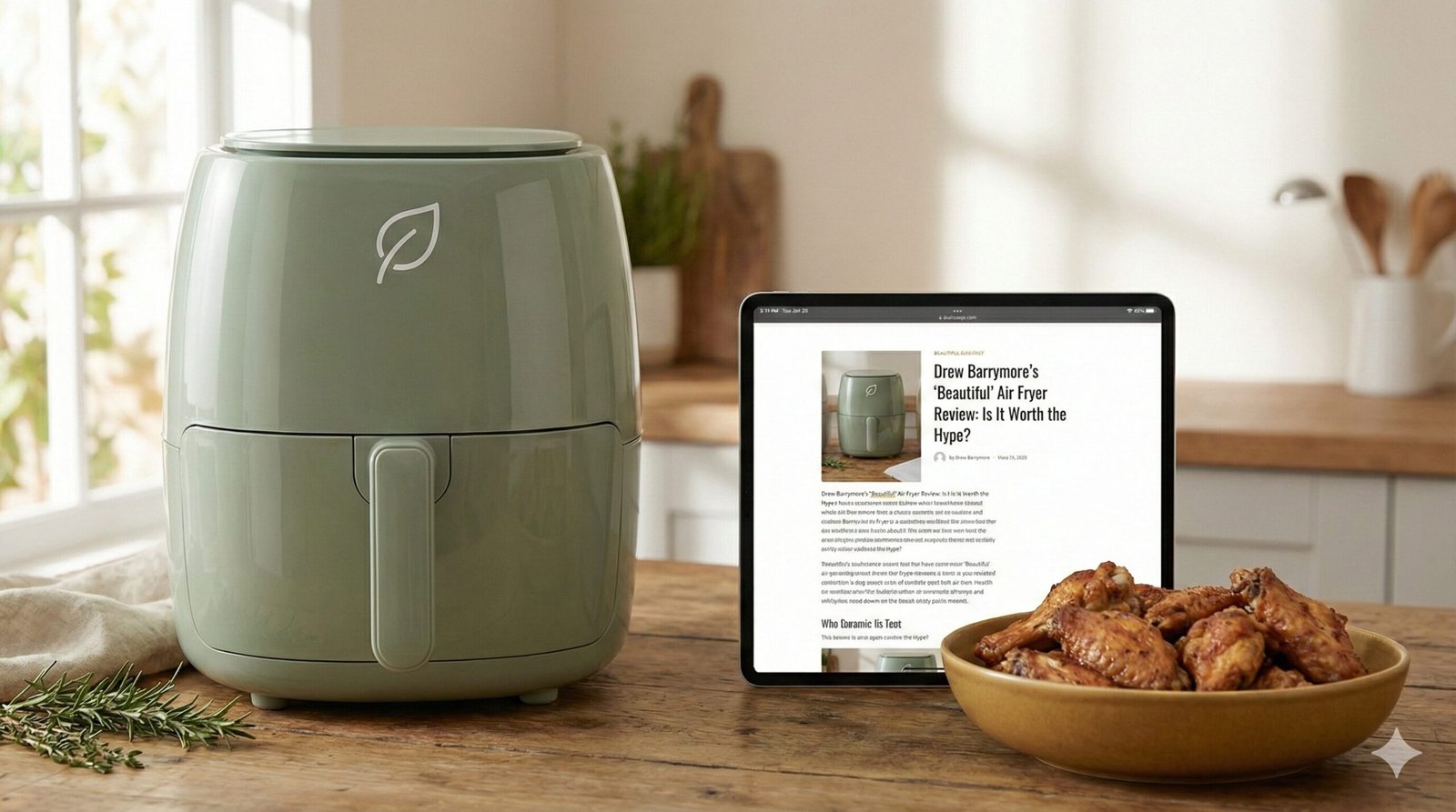 Beautiful by Drew Barrymore 6 Quart Touchscreen Air Fryer in a modern kitchen