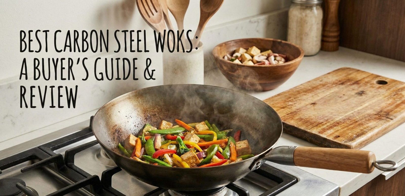 Professional chef using carbon steel wok for stir-frying