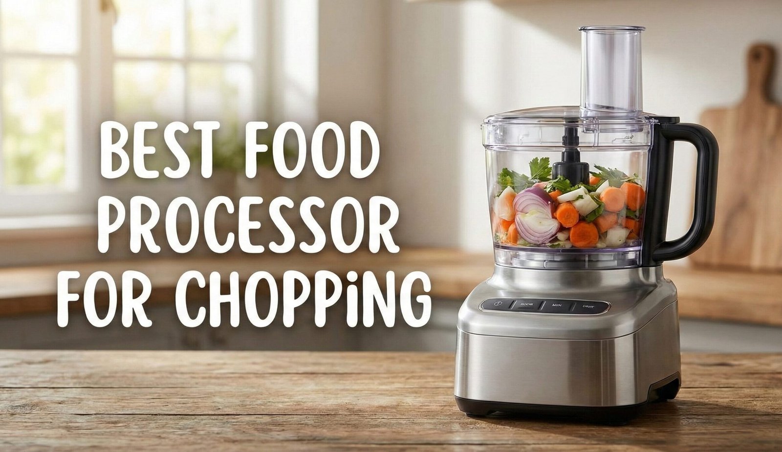 A chef expertly using a high-end food processor to chop fresh vegetables on a kitchen counter