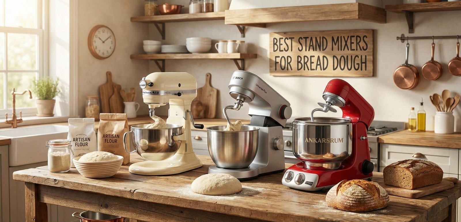 Professional stand mixer kneading bread dough on marble counter