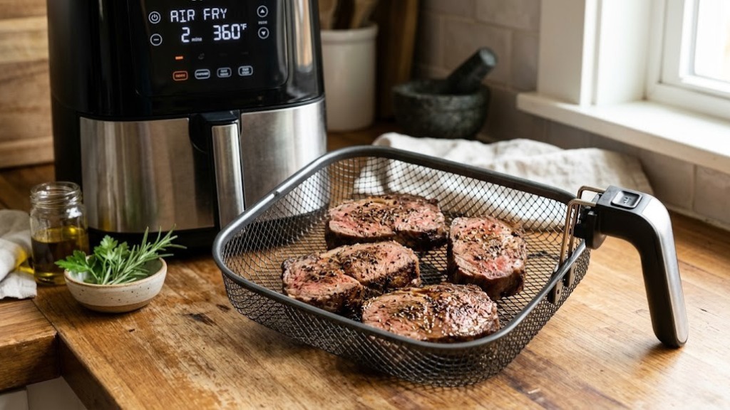 Air fryer basket with steak ready for reheating