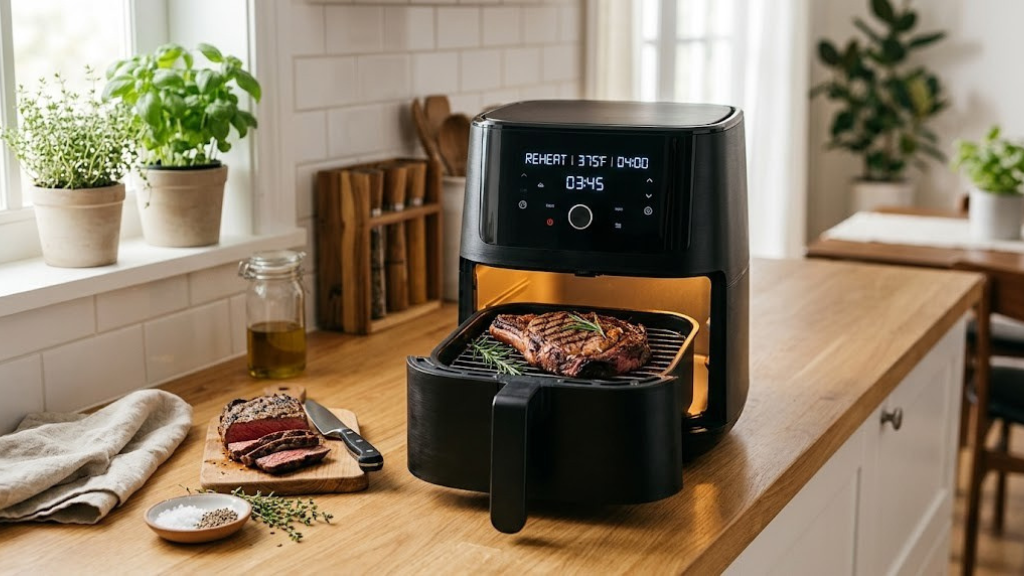 Modern digital air fryer for reheating steak on kitchen counter
