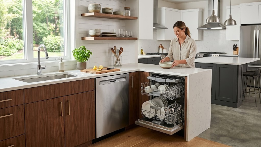Modern kitchen with stainless steel dishwasher