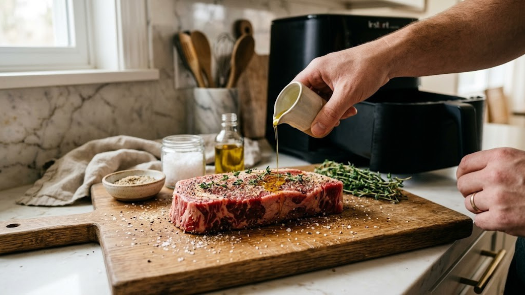 Steak being prepared with oil and seasoning before air frying