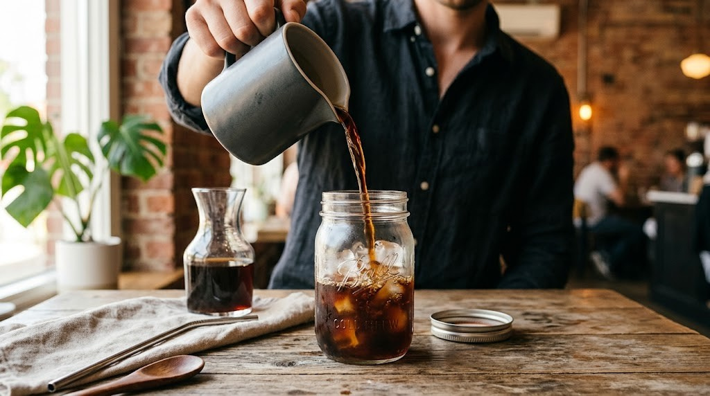 Cold brew coffee being poured into a glass mason jar