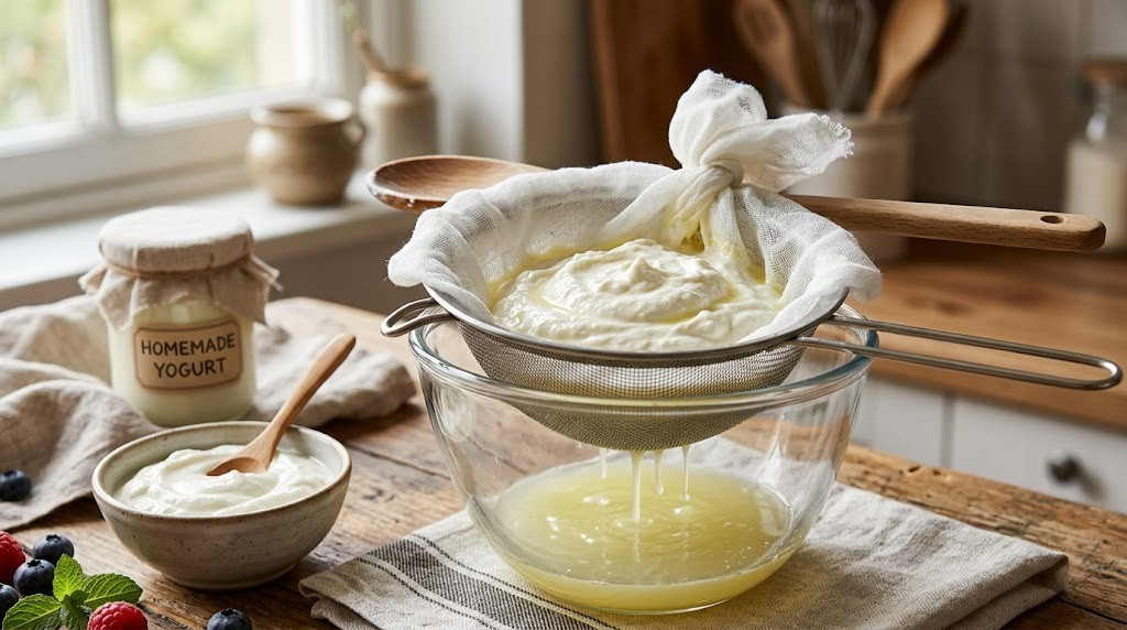 Fresh homemade yogurt being strained through cheesecloth to make Greek yogurt