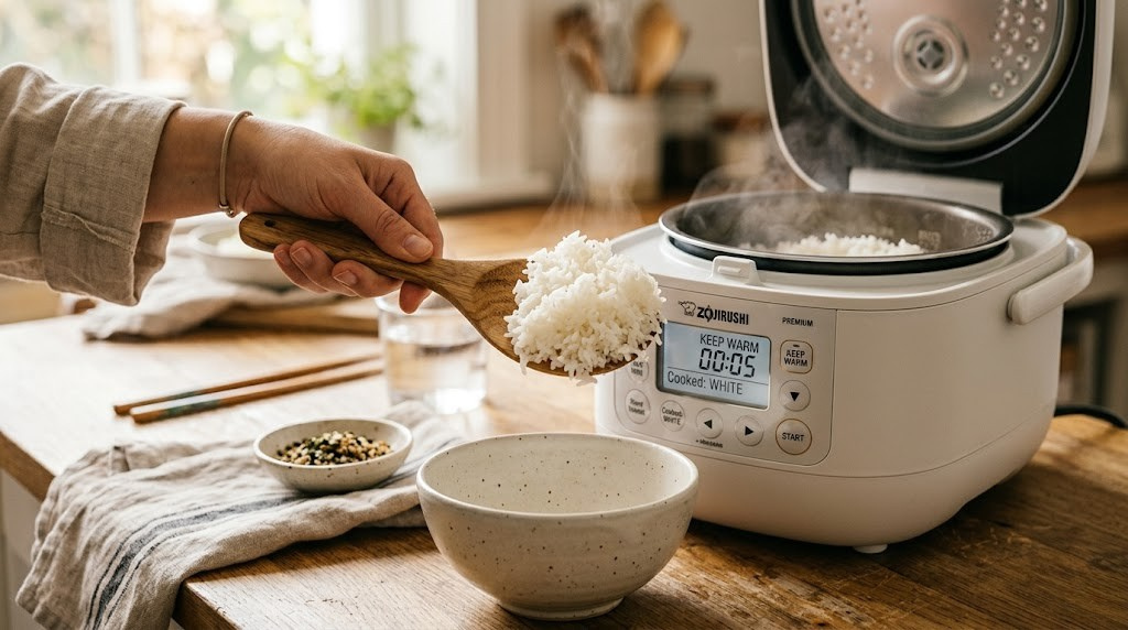Rice cooker with perfectly cooked fluffy rice being scooped